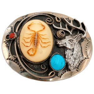 Scorpion Deer Belt Buckle Turquoise Coral Elk Cowboy Native American Country